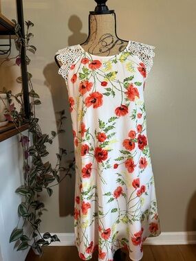 Kensie White Midi Dress with Red Floral Print and Crochet Sleeves